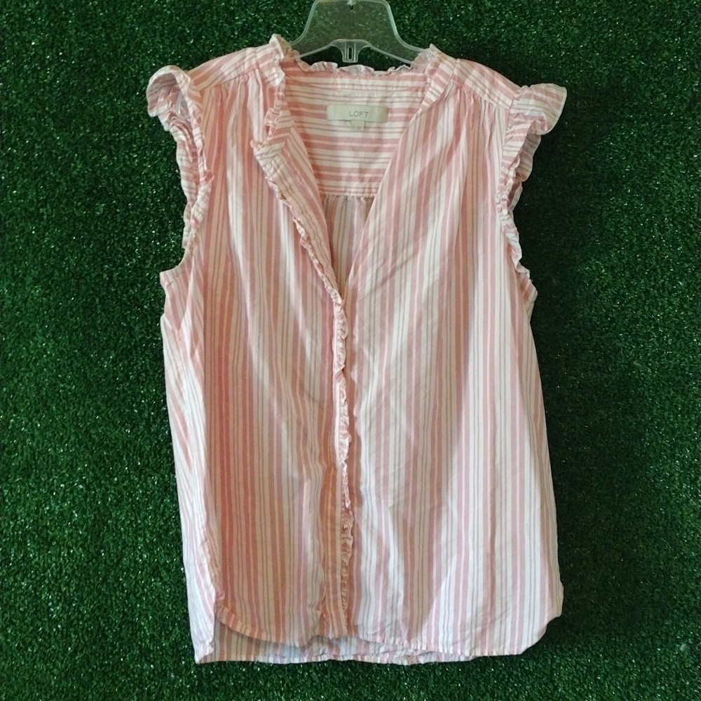 Loft Pink Striped Ruffle Sleeve Top - Picture 3 of 3